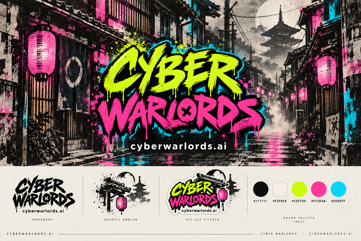 Cyber Warlords in lime and pink graffiti across a traditional Japanese street with glowing lanterns and a pagoda.